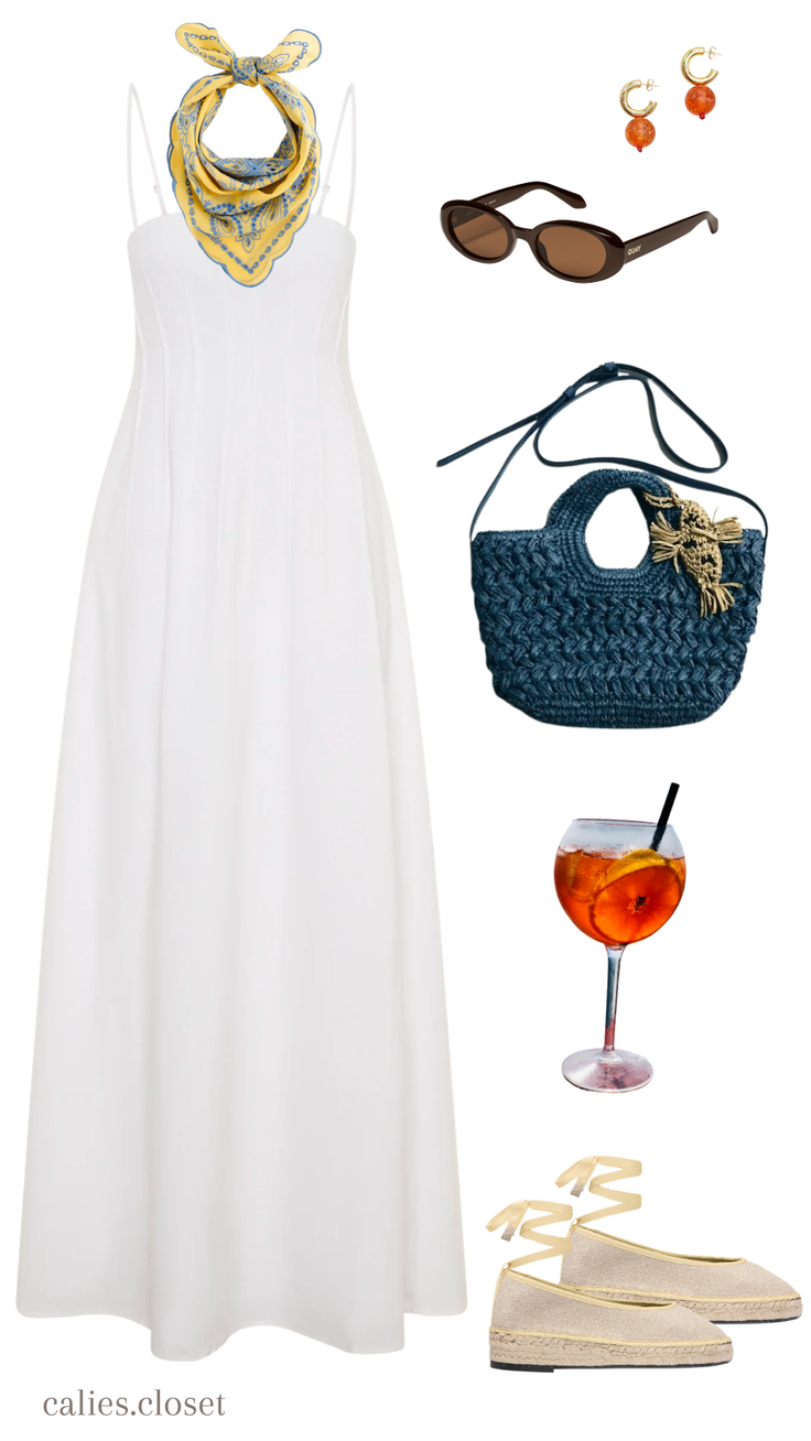 A white dress with a yellow scarf, sunglasses, straw bag, espadrille flats, and a cocktail