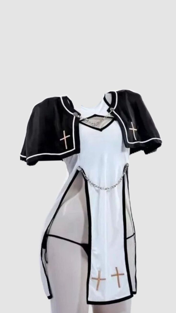 White dress with black cape and cross symbols, featuring a thong and chains