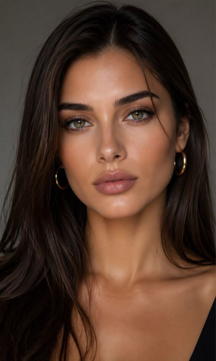 Woman with long dark hair and green eyes wearing gold hoop earrings