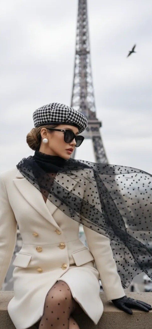 Woman in a beret and white blazer with the Eiffel Tower in the background