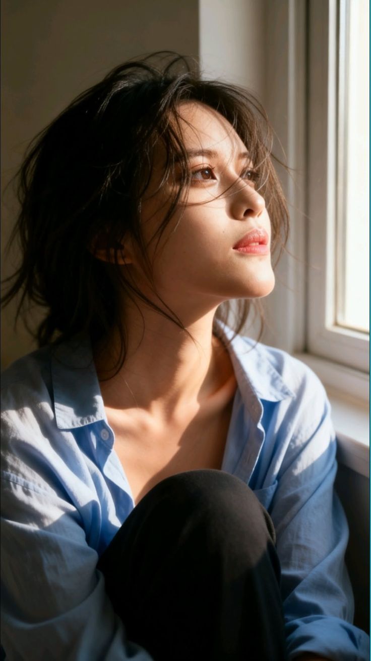 Woman with long hair in a blue shirt looking up by a window with natural light