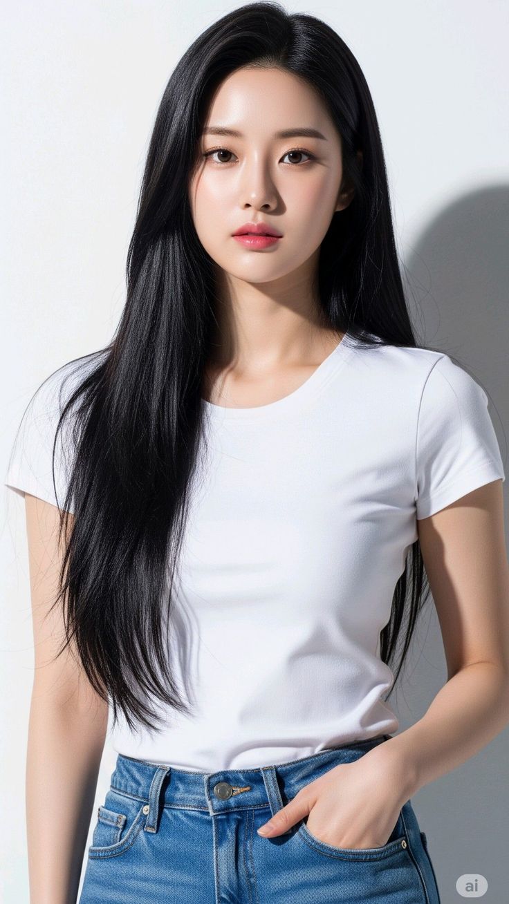 Woman with long black hair wearing a white t-shirt and blue jeans
