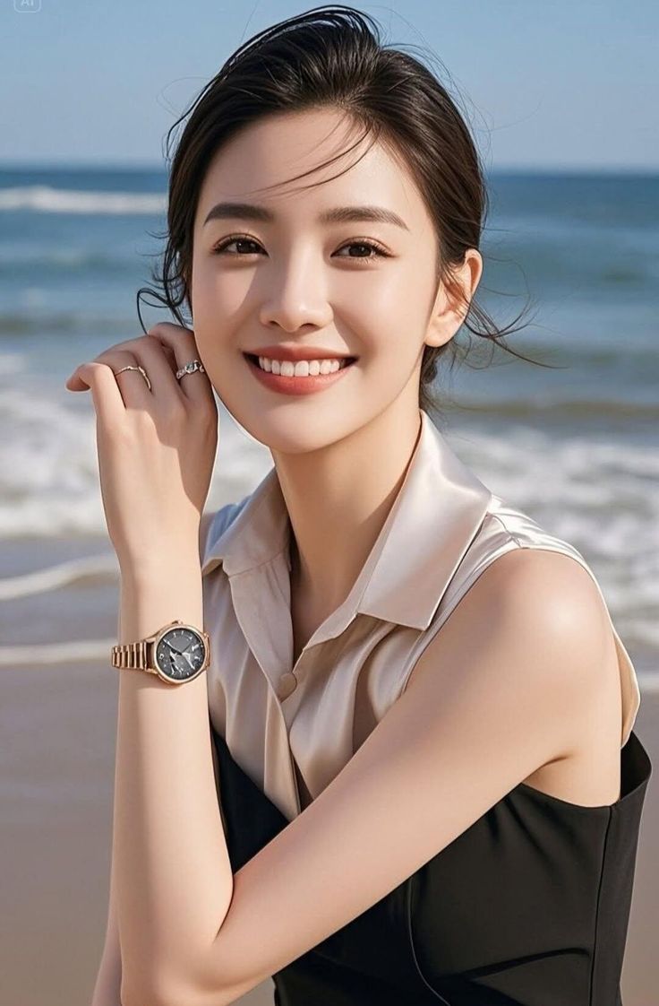 Woman with a watch and rings smiling on a beach