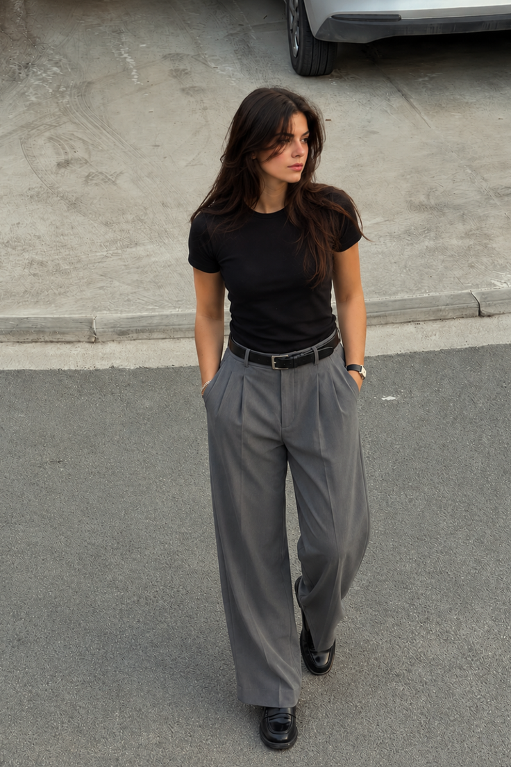 Woman with long dark hair wearing a black t-shirt and wide leg pants outdoors