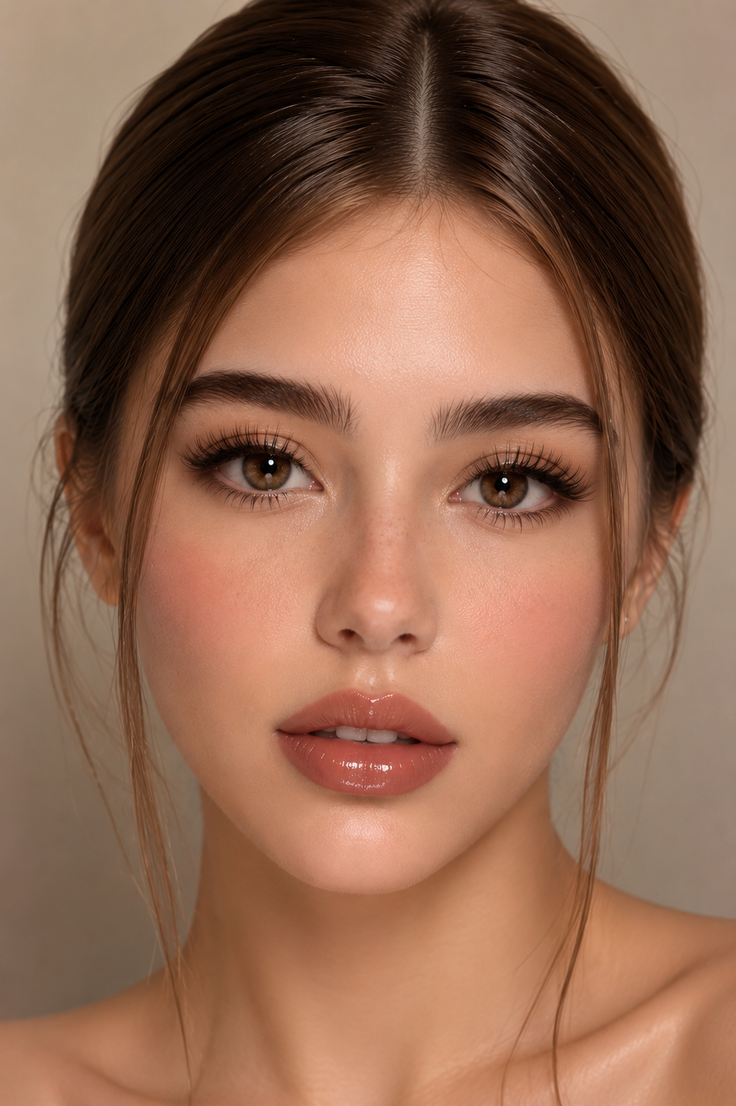 Close up portrait of a woman with brown hair and glossy lips