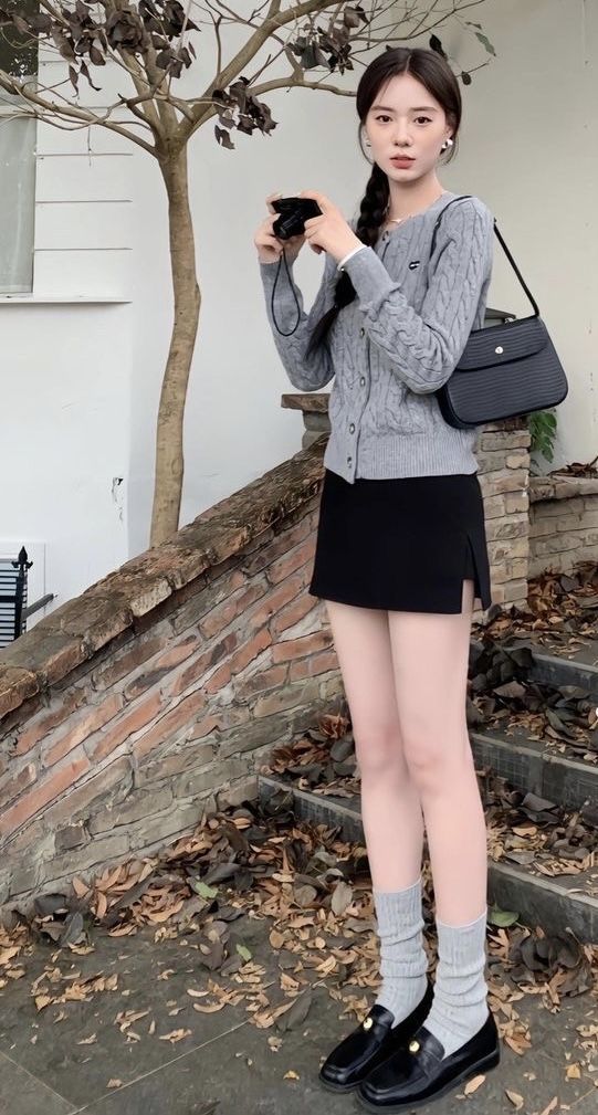 Woman in a gray cardigan and black mini skirt holding a camera outdoors