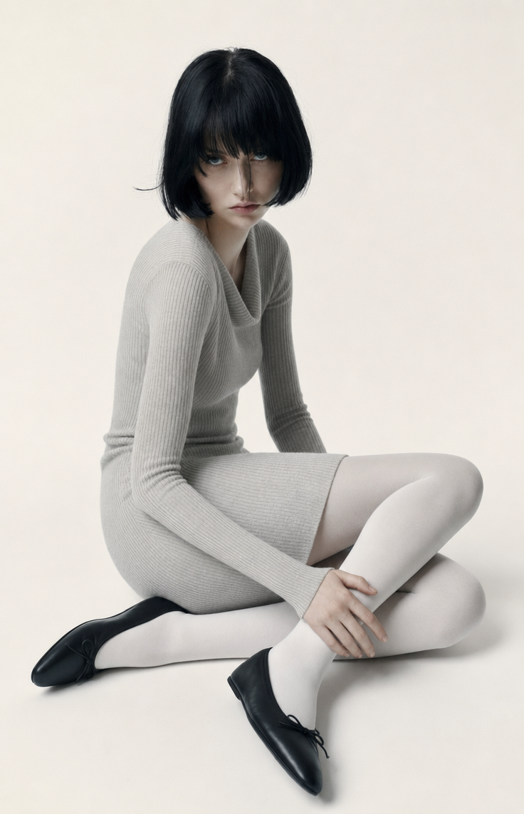 Woman with short black hair wearing a ribbed dress and white tights in a studio