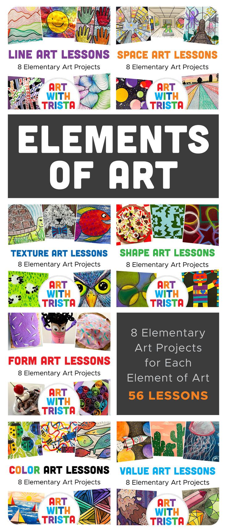 Collage of various elementary art projects and lesson titles for art education