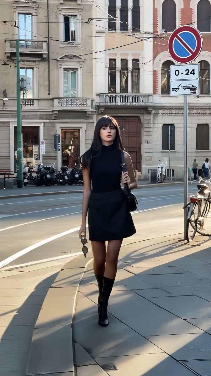 Woman in a black top and skirt walking on a city street
