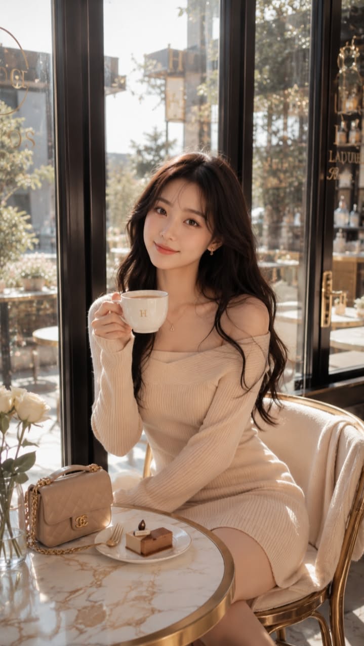Woman with long dark hair in an off-shoulder dress holding a coffee cup in a cafe