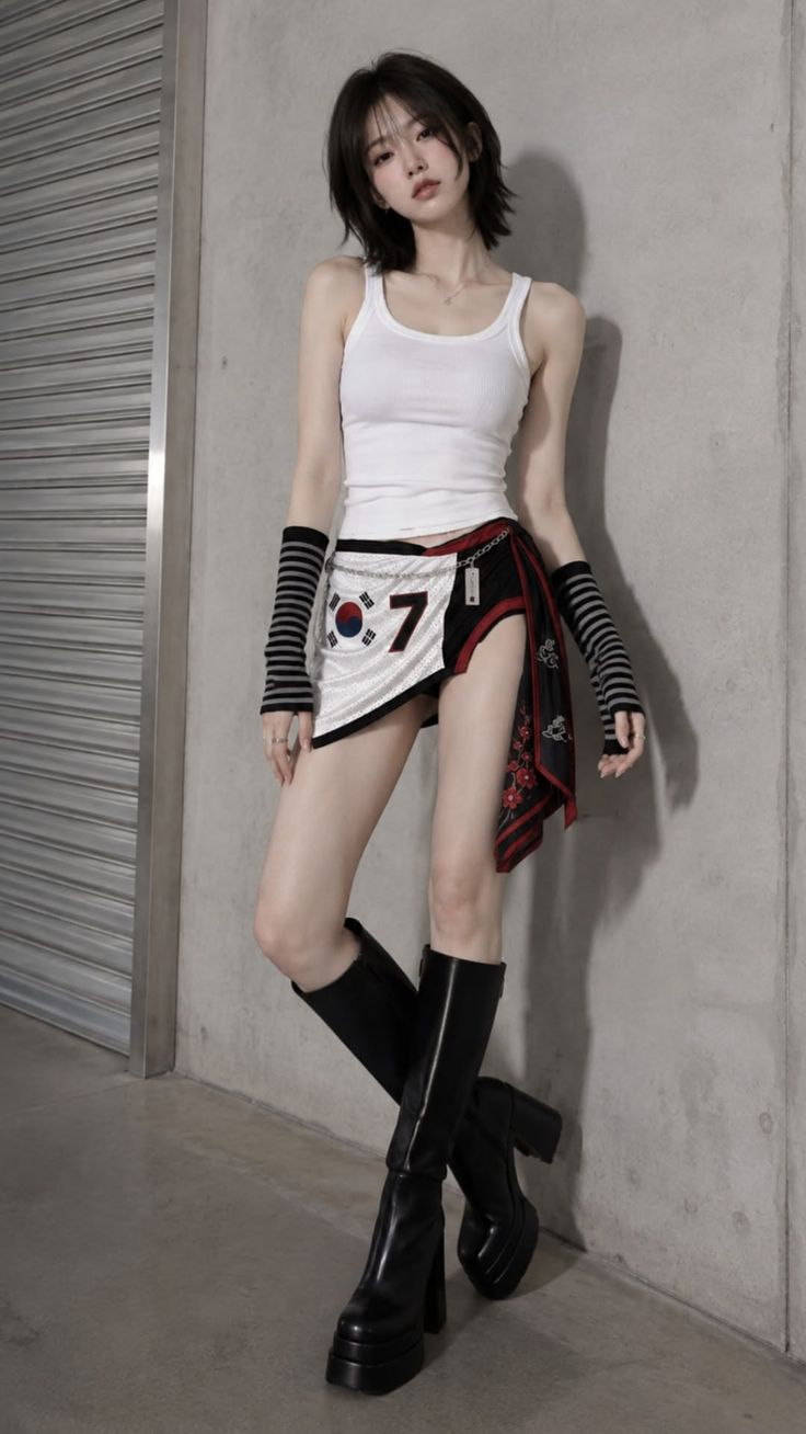 Woman in a white tank top and mini skirt with platform boots leaning against a wall