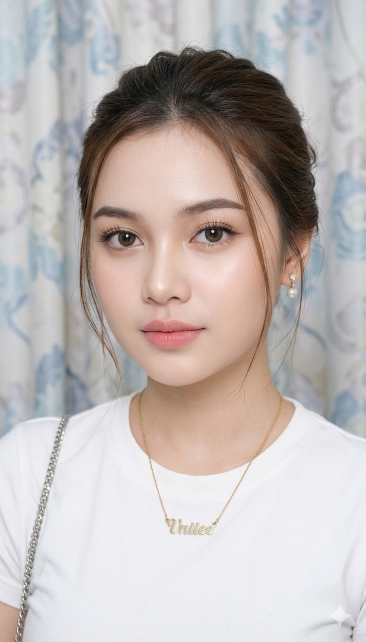 Woman with brown hair in an updo wearing a white t-shirt and gold necklace