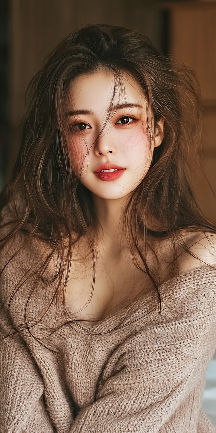 Woman with long brown hair wearing an off-shoulder sweater