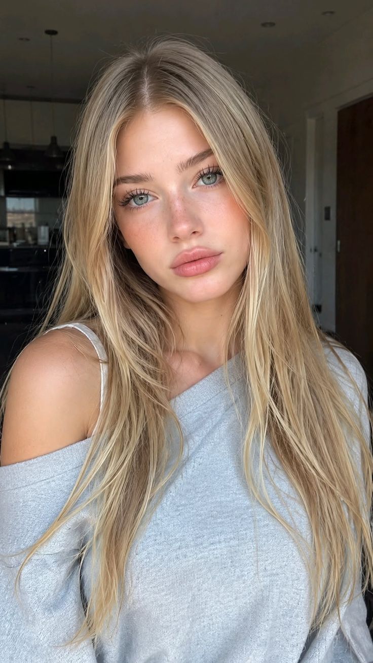 Blonde woman with blue eyes and freckles wearing an off-shoulder top