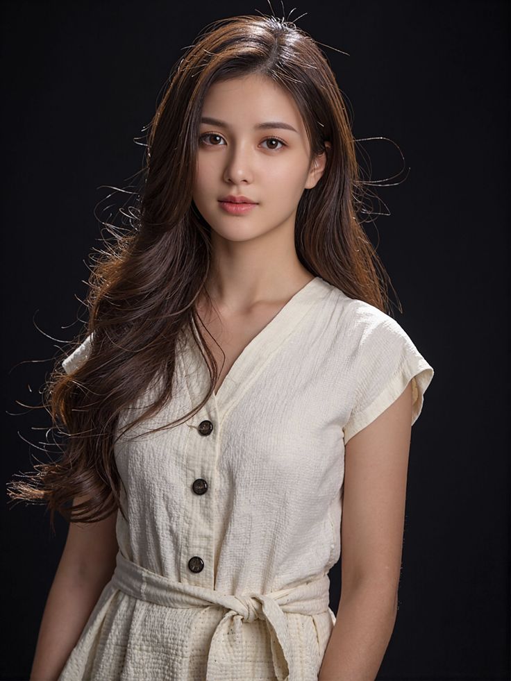 Woman with long brown hair wearing a white dress against a dark background