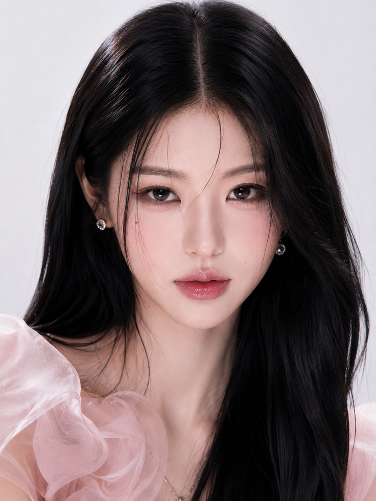 Woman with long black hair wearing a pink dress and earrings