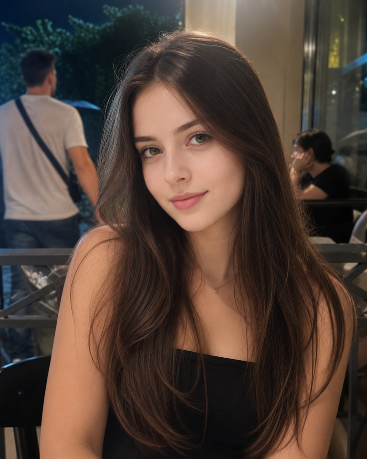 Woman with long dark hair wearing a strapless top at night
