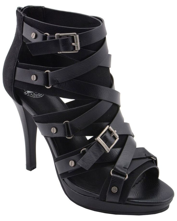 Black high heel shoe with multiple straps and buckles