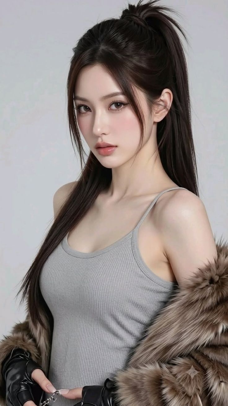 Woman with long dark hair in a ponytail wearing a tank top and fur coat