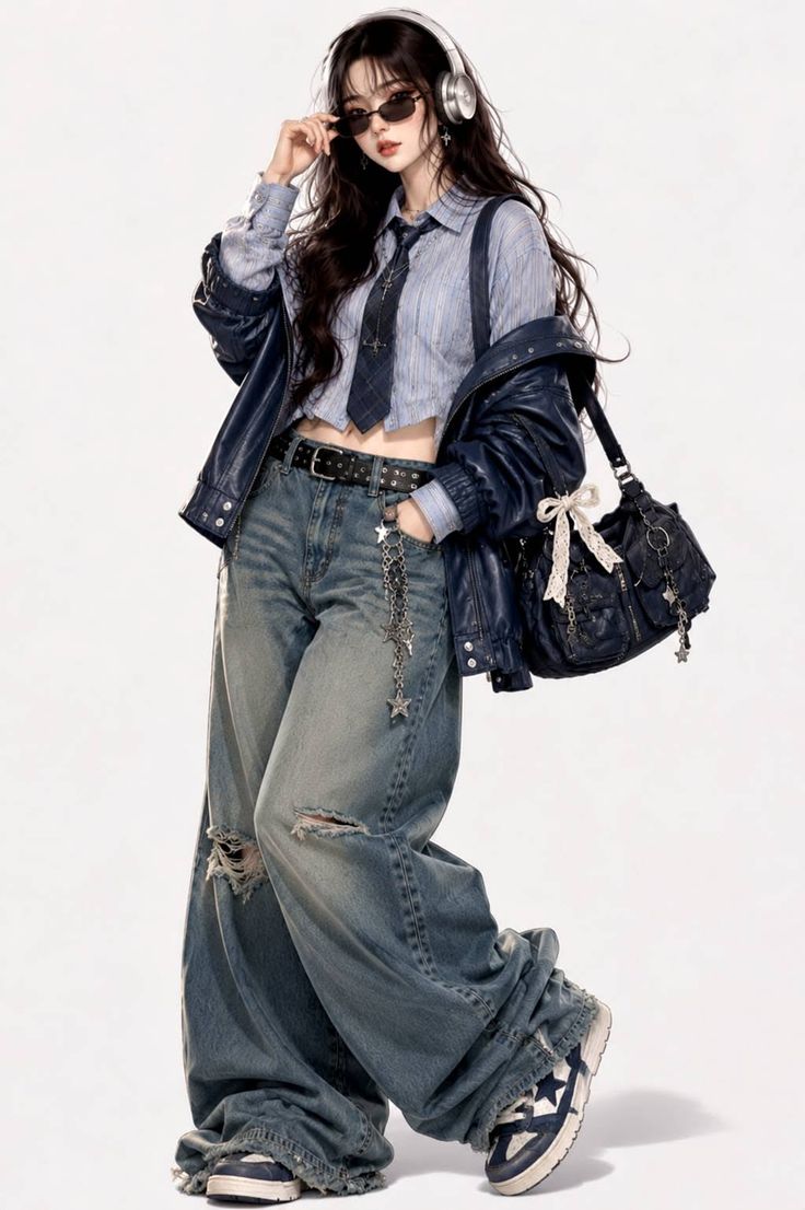 Woman in a crop top, ripped jeans, and leather jacket with headphones and sunglasses
