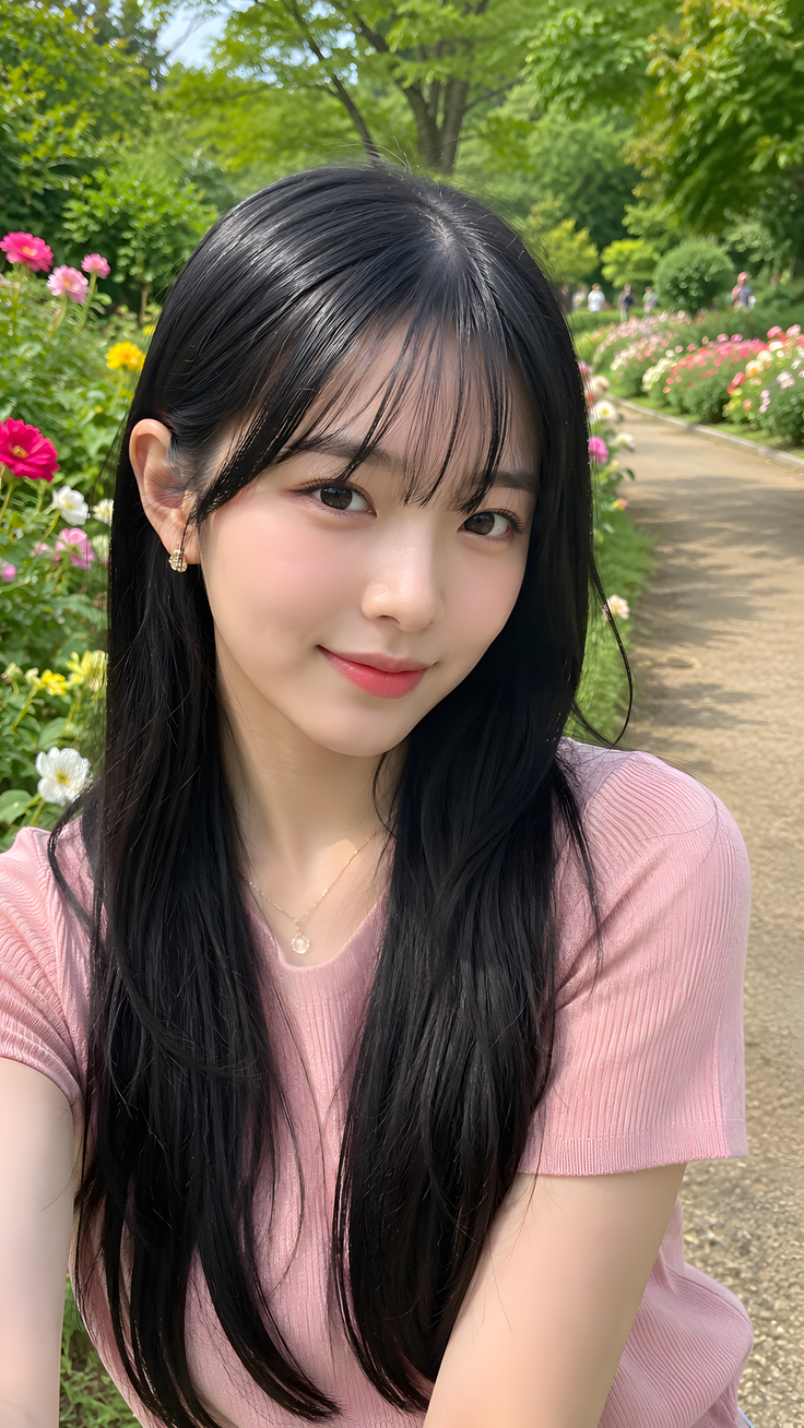 Smiling woman with long black hair in a pink shirt in a flower garden