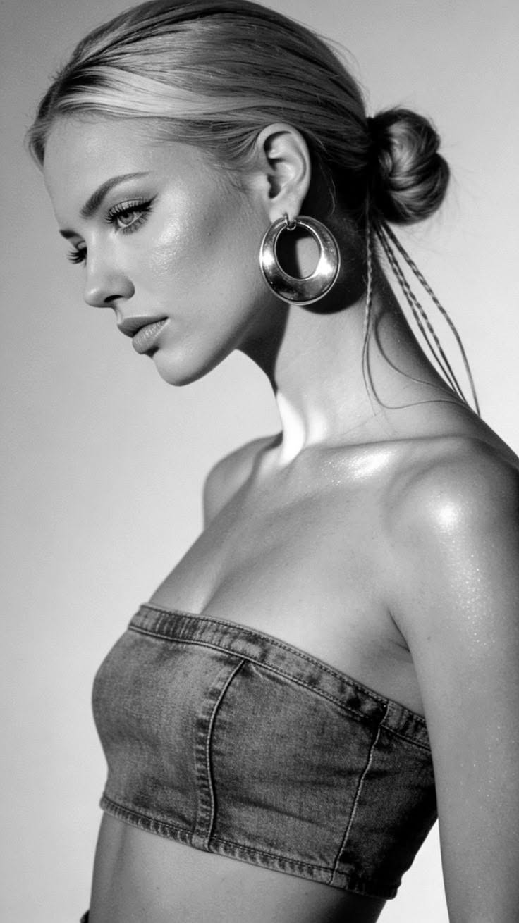 Woman in a denim strapless top with a bun and large hoop earrings