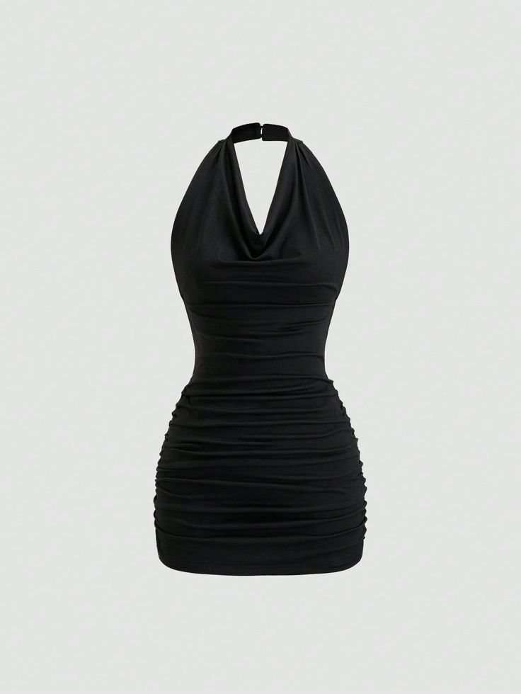 Black ruched mini dress with a halter neck and draped neckline