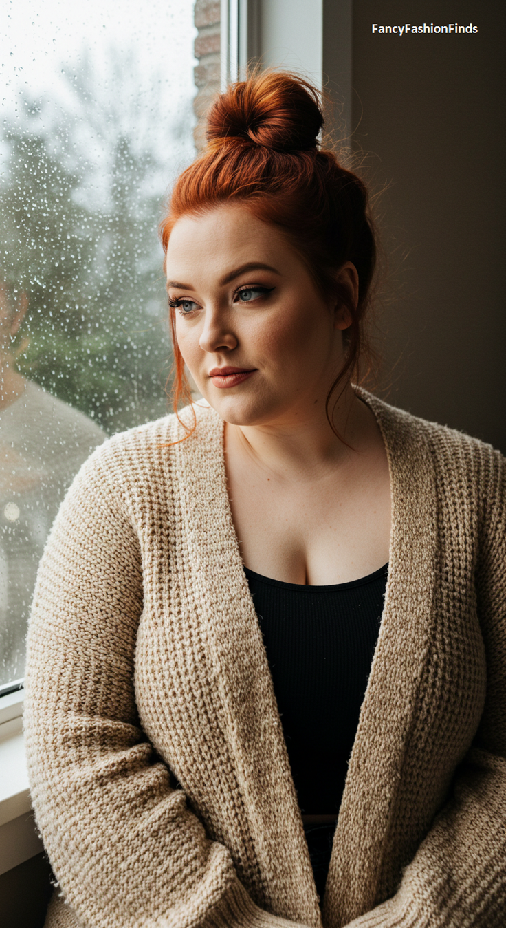Woman with red hair in a bun wearing a knitted cardigan by a rainy window