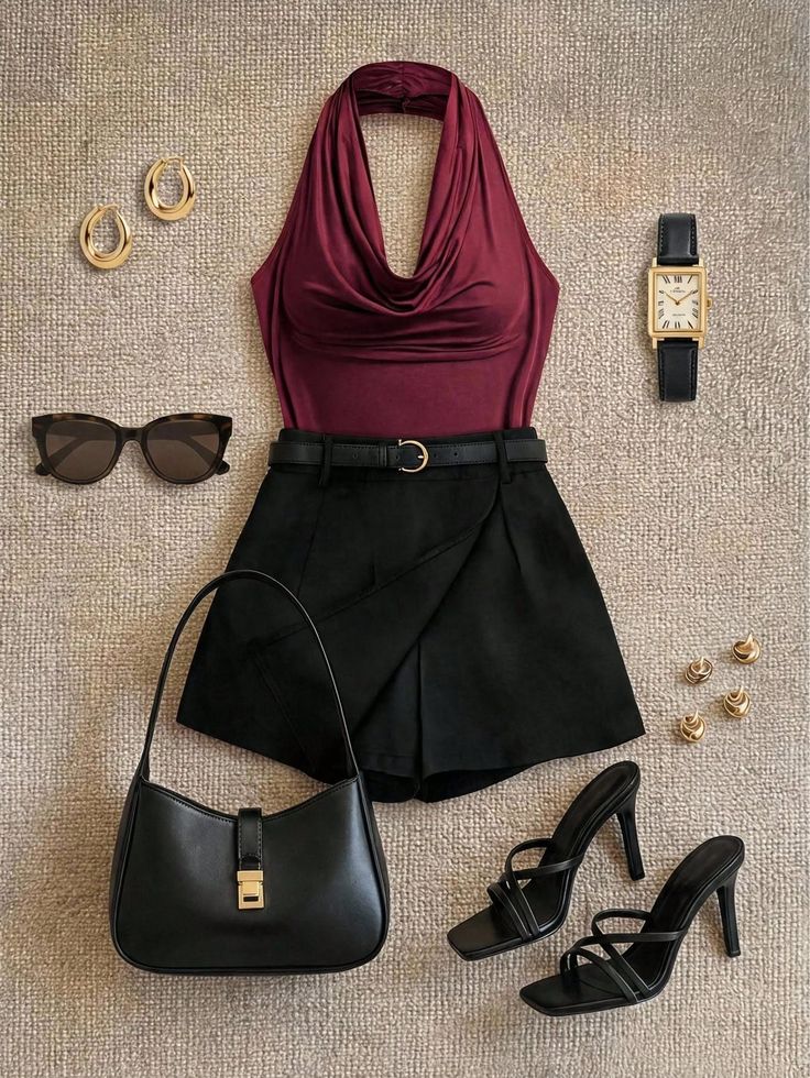 Flat lay of a fashion outfit with a maroon halter top and black shorts