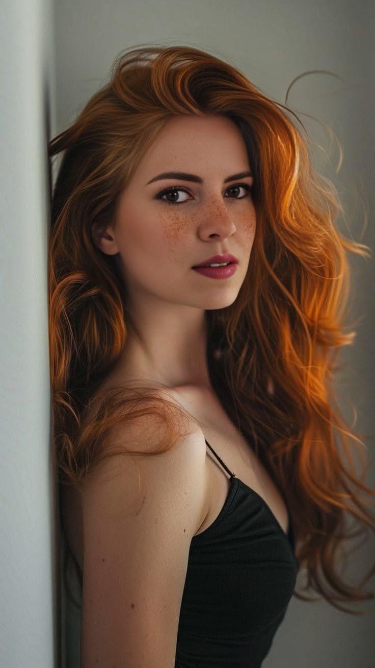 Woman with long red hair and freckles wearing a black top