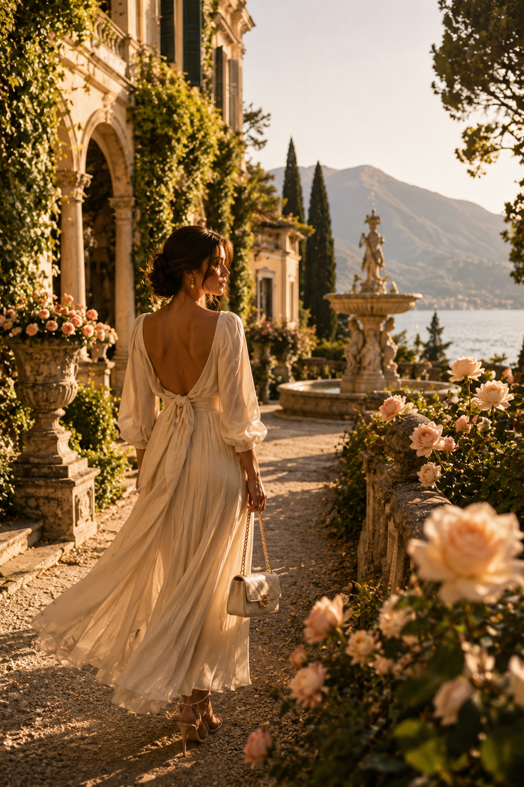 Woman in a long dress with an open back walking in a sunlit garden