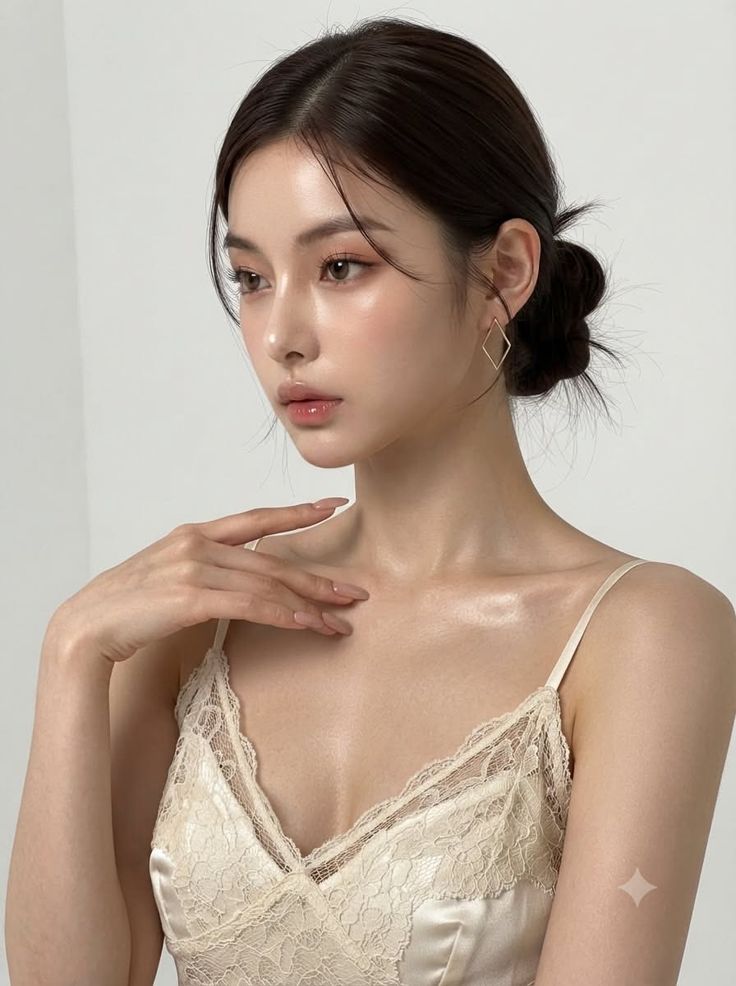 Woman with an updo hairstyle wearing a lace top, with soft lighting