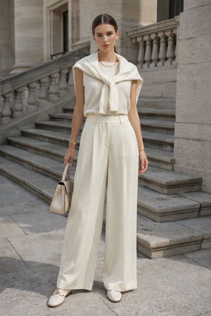 Woman in a cream outfit with a sweater tied over her shoulders, standing on stone stairs