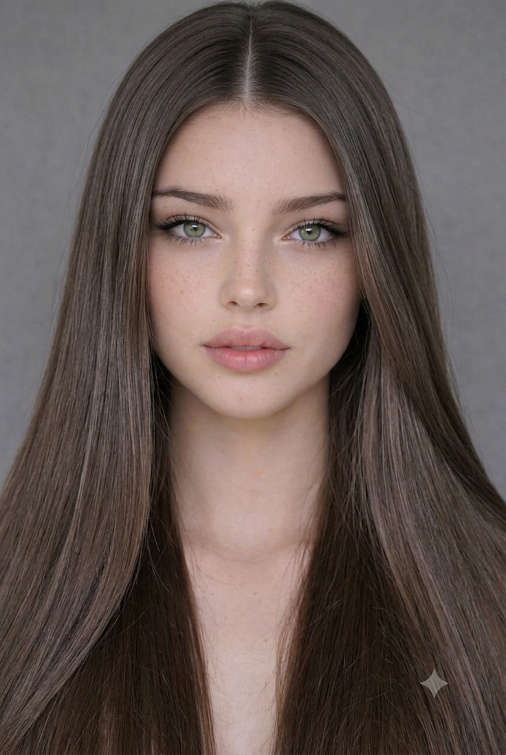 Close-up portrait of a woman with long brown hair and green eyes