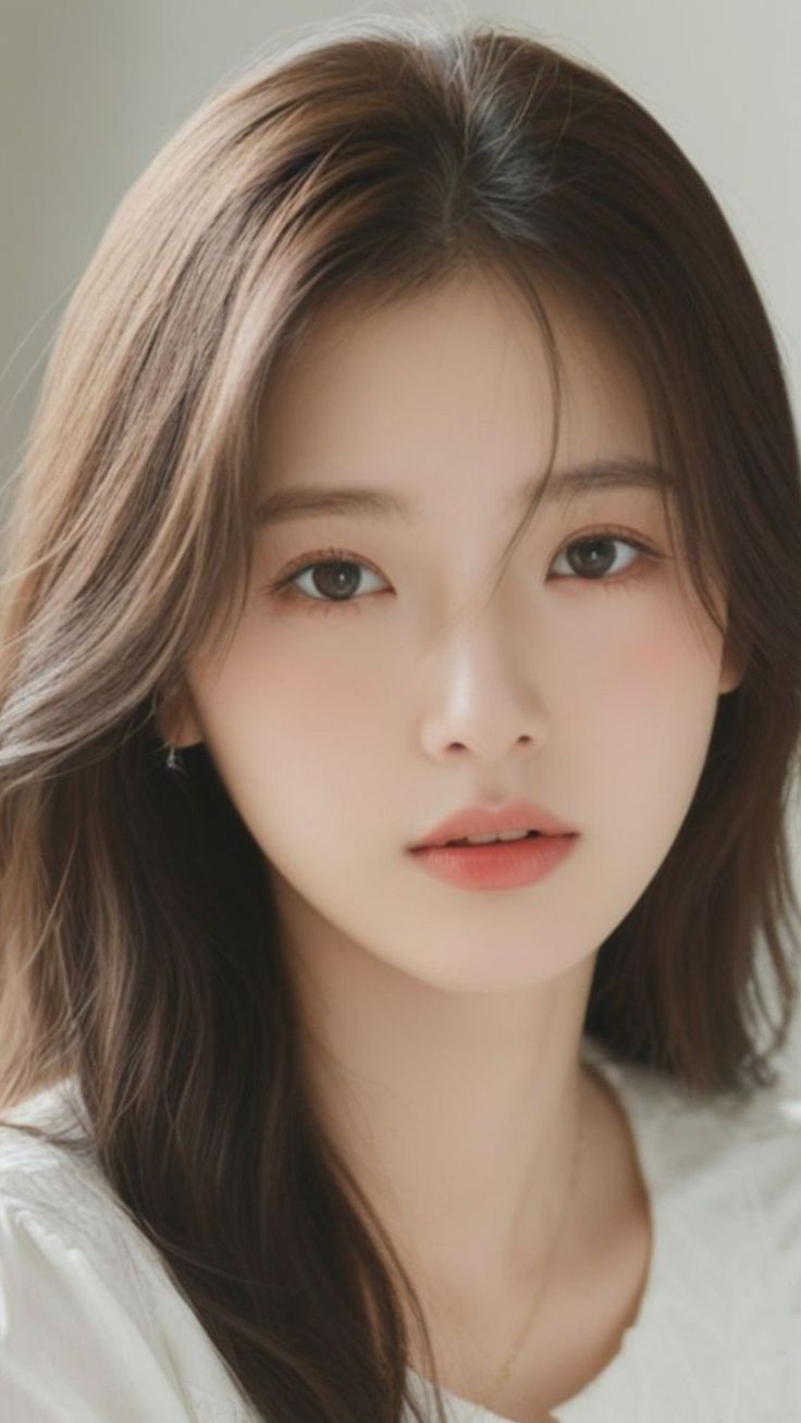 Close-up portrait of a woman with long brown hair and natural makeup