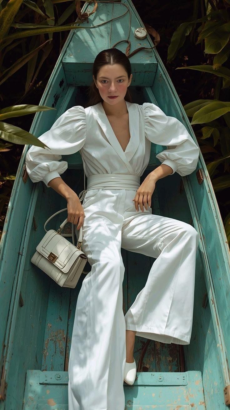 Woman in a white jumpsuit sitting in a teal boat surrounded by foliage