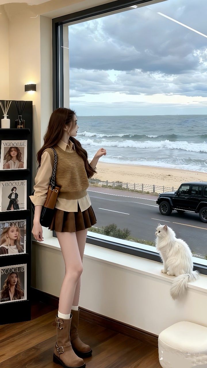 Woman in a brown skirt and knitted vest looking out at the ocean with a white cat