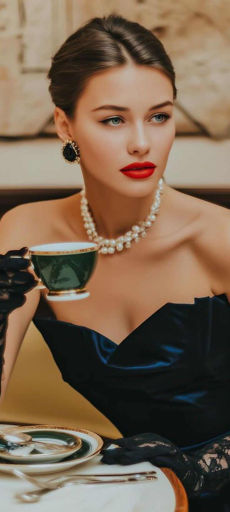 Woman in a strapless dress with a pearl necklace and red lipstick holding a teacup