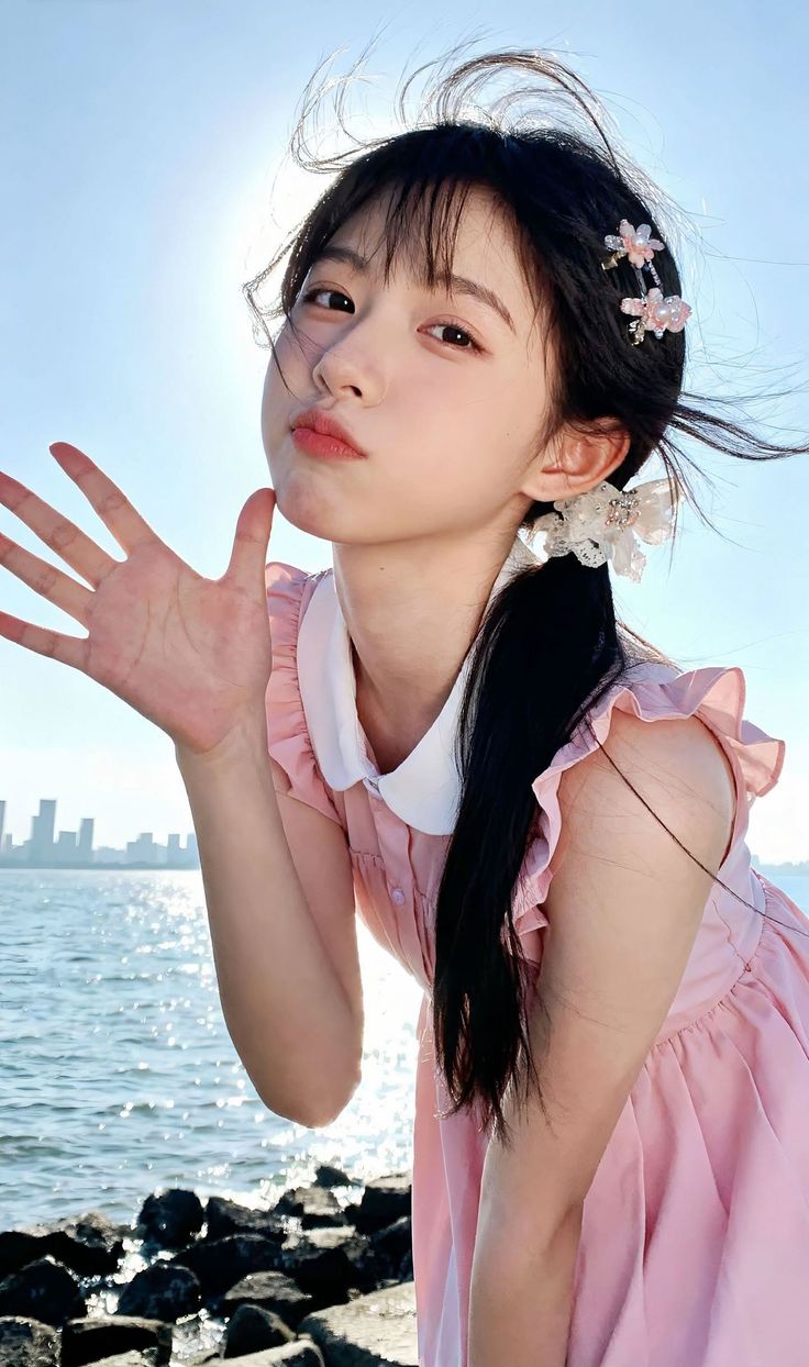 Young woman in a pink dress posing by the water with a cityscape in the background