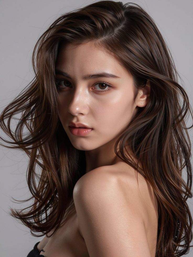 Woman with long brown hair and bare shoulders in a studio portrait