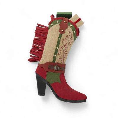Cowboy boot shaped Christmas stocking with red fringe and embroidery