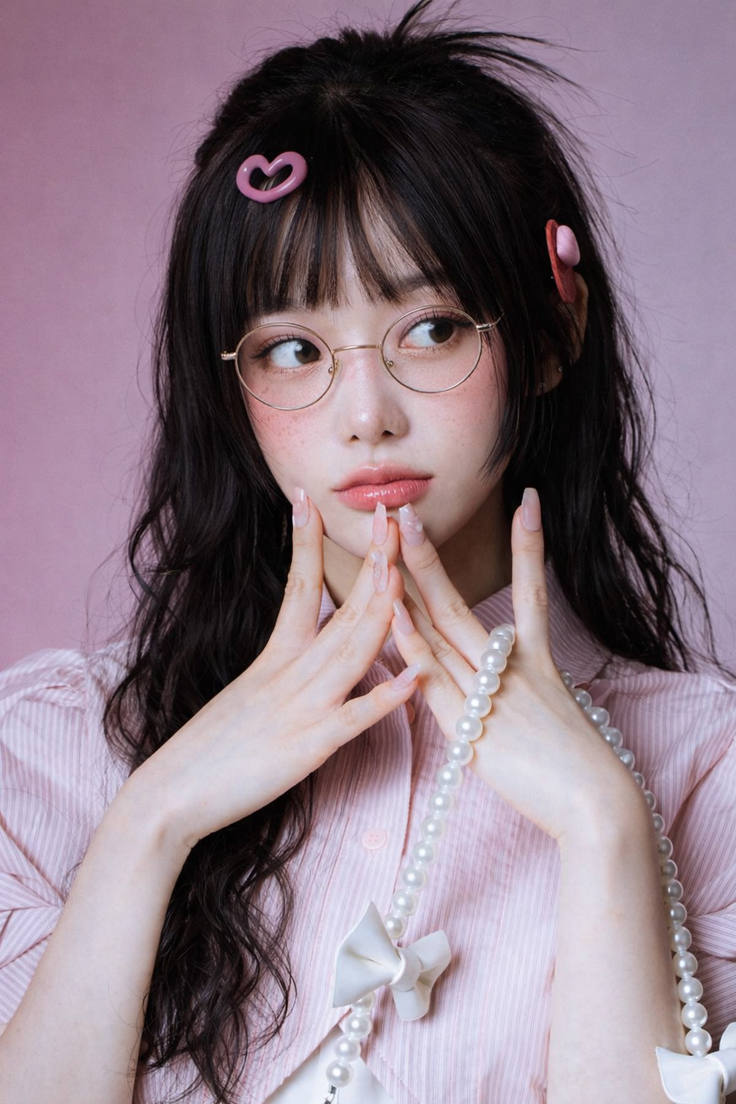 Woman with long dark hair, glasses, and a pearl necklace against a pink background