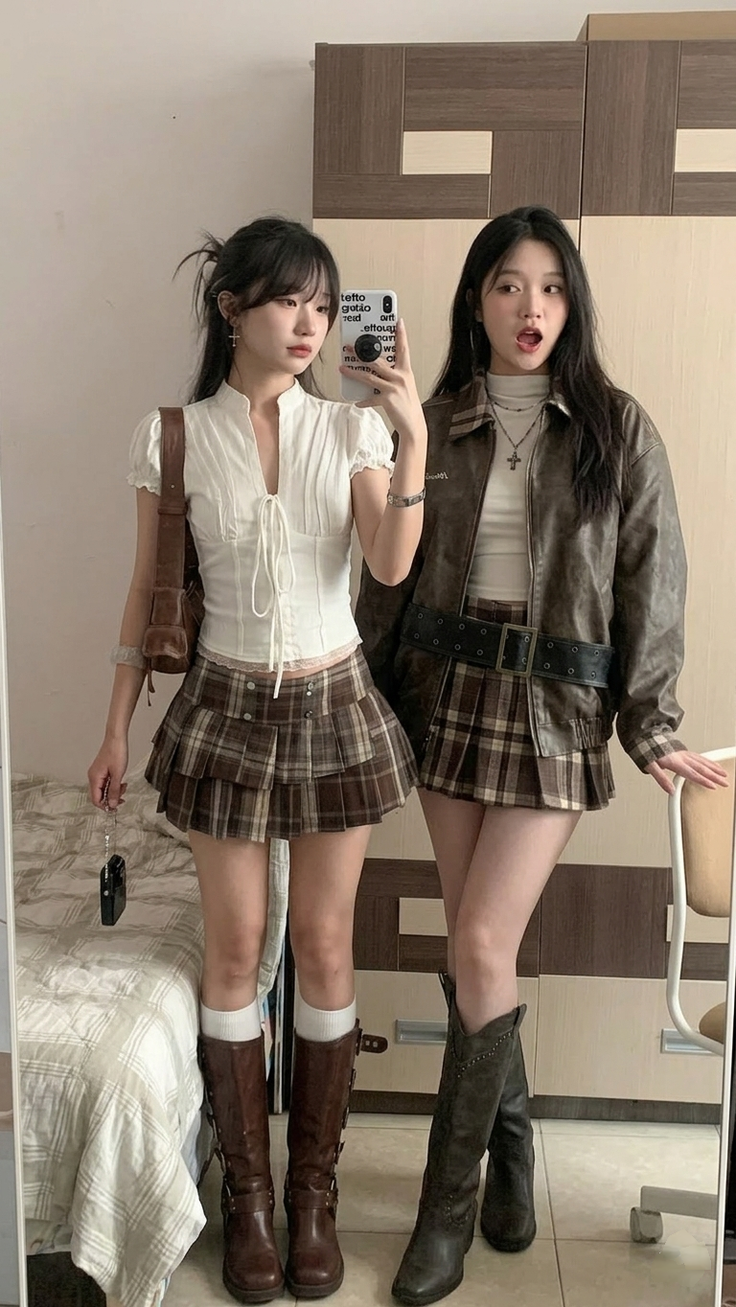Two women in plaid skirts and boots taking a mirror selfie indoors