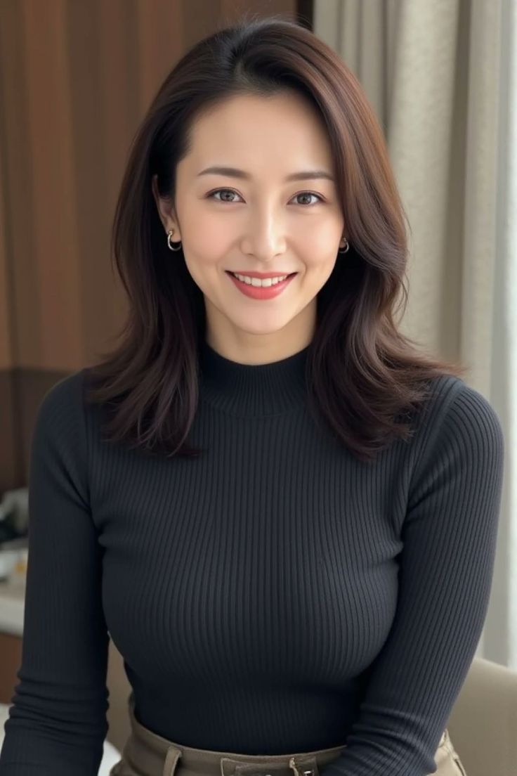 Woman with long hair wearing a black turtleneck top and smiling indoors