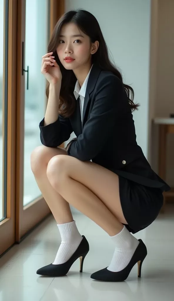 Woman in business attire and white socks with high heels squatting indoors