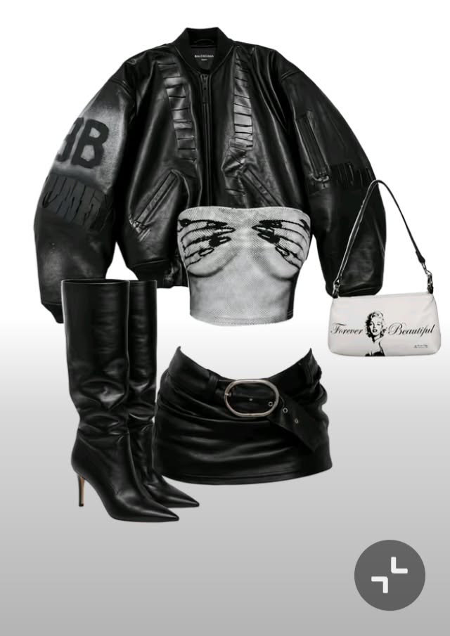 Fashion flat lay featuring a black leather jacket, mini skirt, and boots