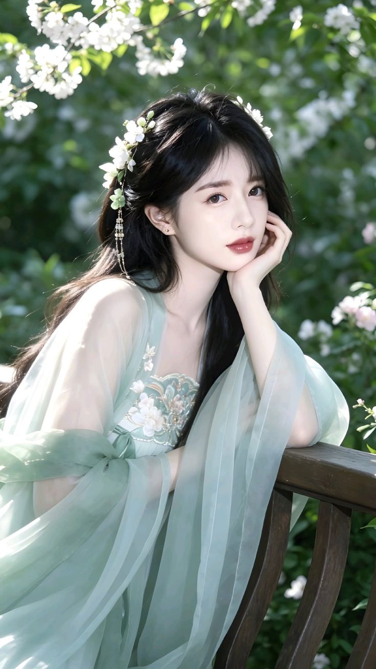 Woman in a light green hanfu with a flower crown outdoors