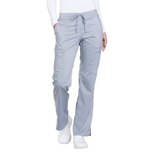 Person wearing light gray scrub pants with a drawstring waist and white shoes