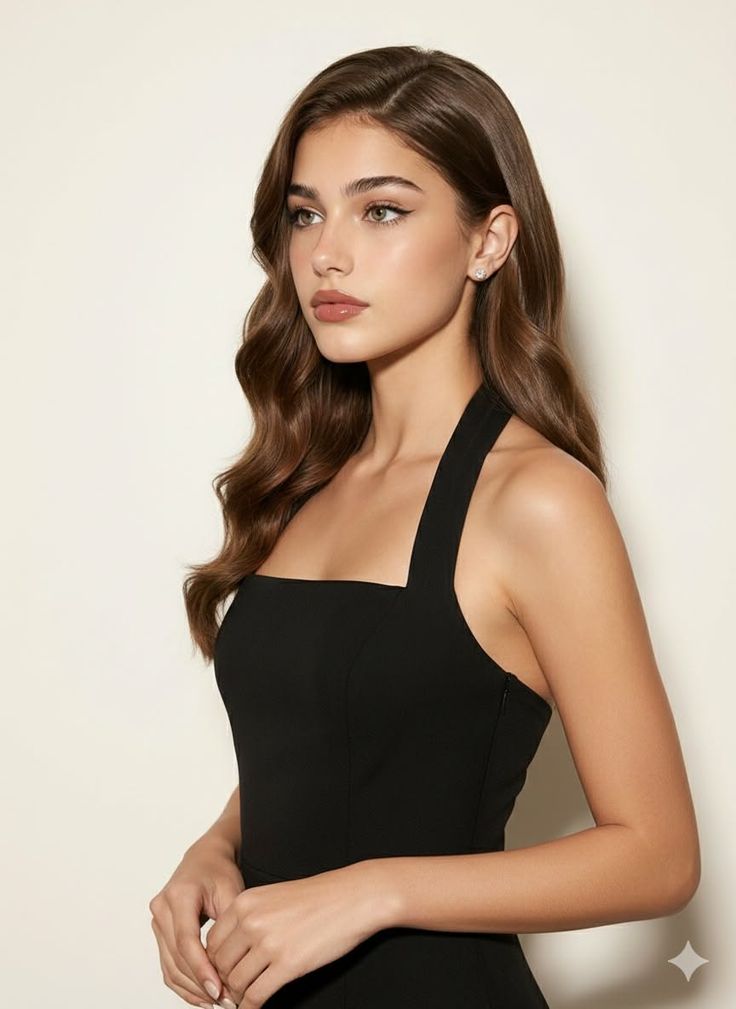 Woman with long wavy hair wearing a black dress and earrings