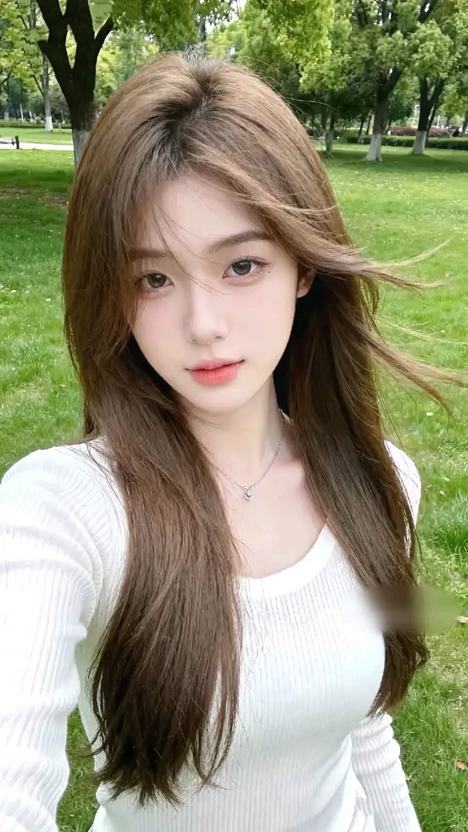 Woman with long brown hair wearing a white top in a park